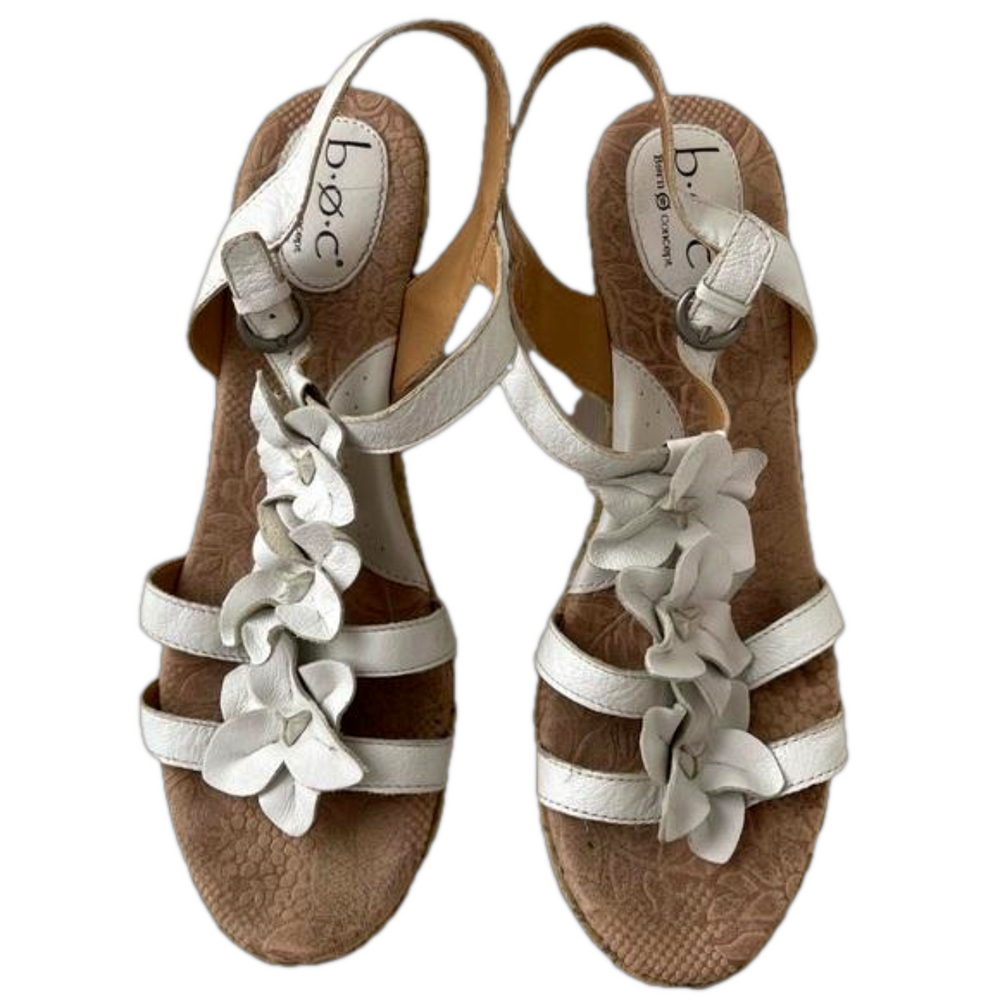 Born Concept b.o.c. White Leather Open Toe Cork Wedge Platform Sandals Floral 10